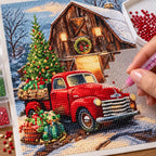 red truck by a snowy cabin diamond painting process