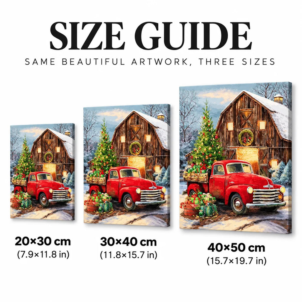 red truck by a snowy cabin diamond painting size guide