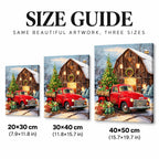 red truck by a snowy cabin diamond painting size guide