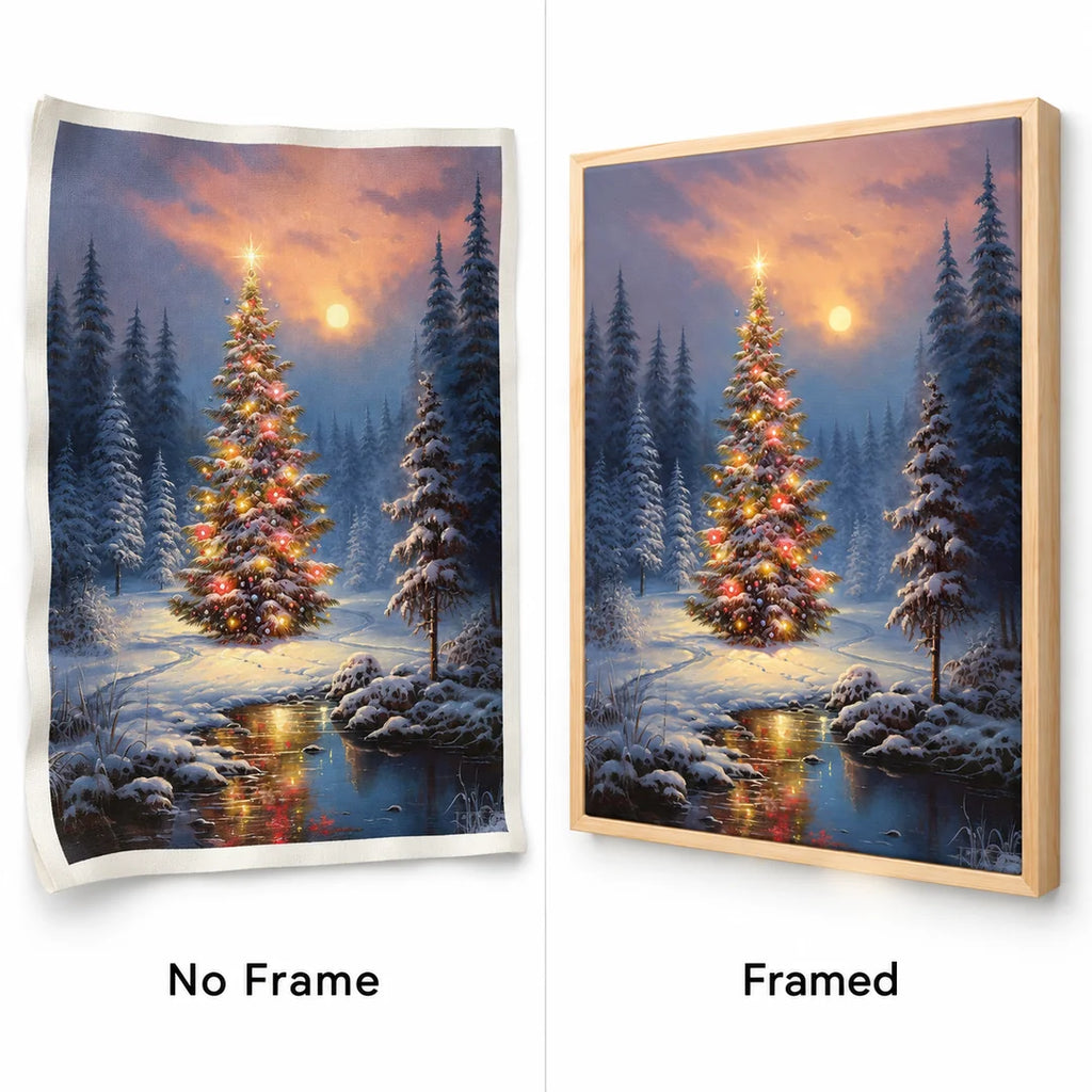 Christmas tree in a snowy forest diamond painting No Frame and Framed comparison