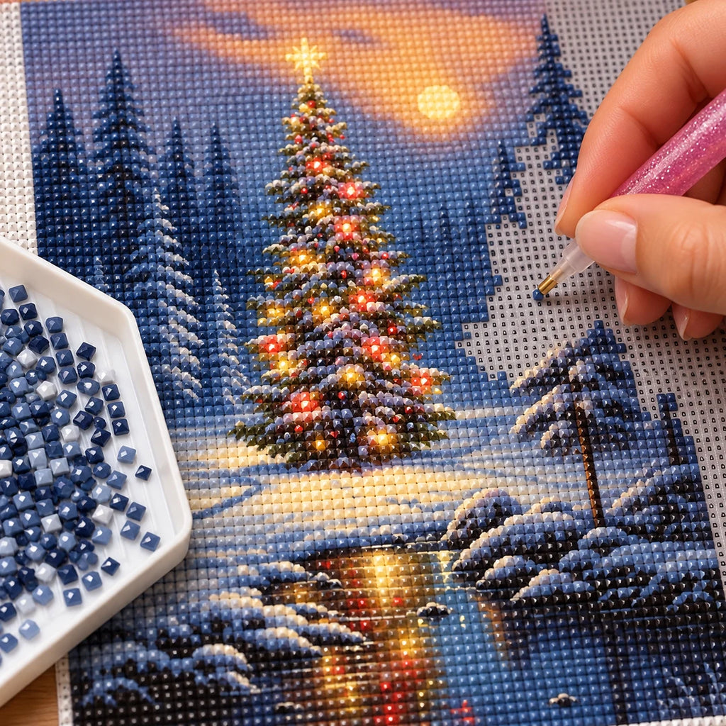 Christmas tree in a snowy forest diamond painting process