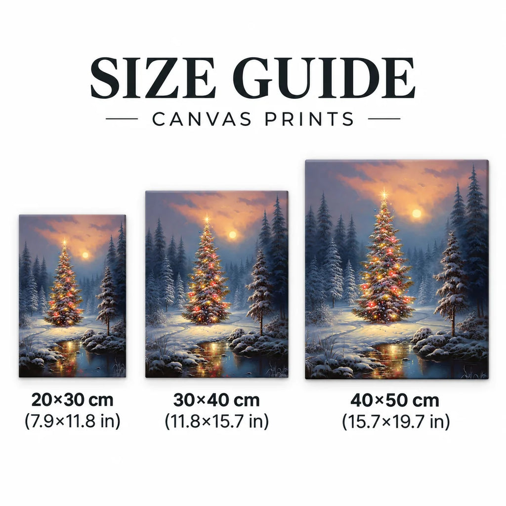 Christmas tree in a snowy forest diamond painting size guide
