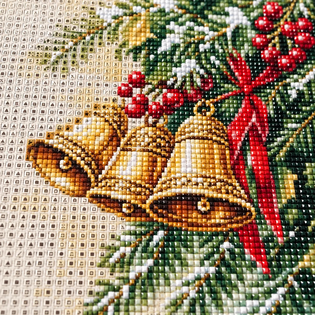 Christmas bells and holly diamond painting drill and canvas detail