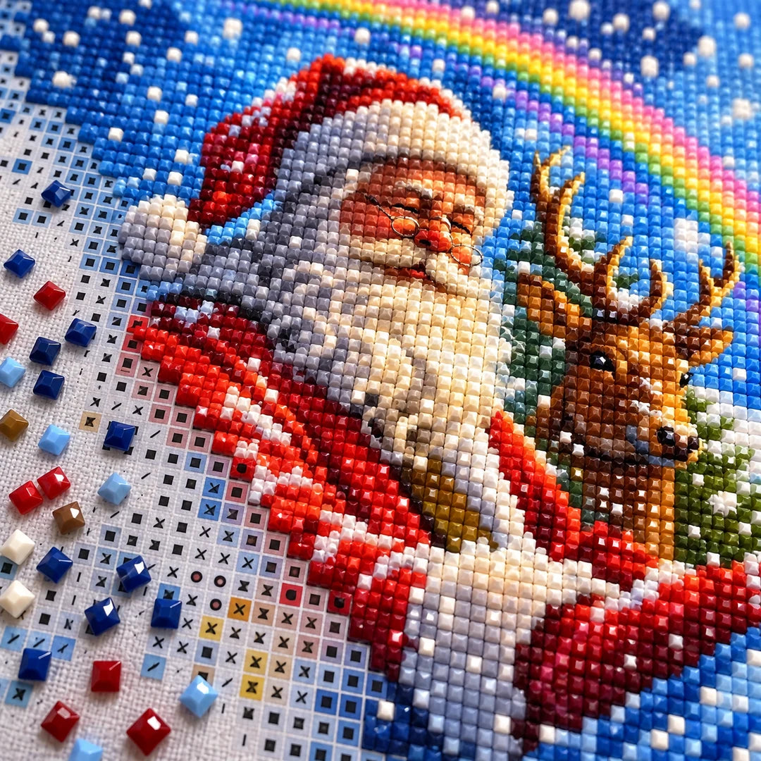 Santa with reindeer and rainbow diamond painting drill and canvas detail