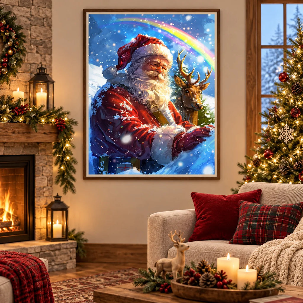 Santa with reindeer and rainbow diamond painting No Frame and Framed comparison