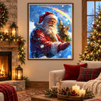 Santa with reindeer and rainbow diamond painting No Frame and Framed comparison