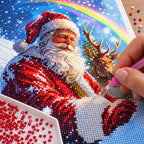 Santa with reindeer and rainbow diamond painting process