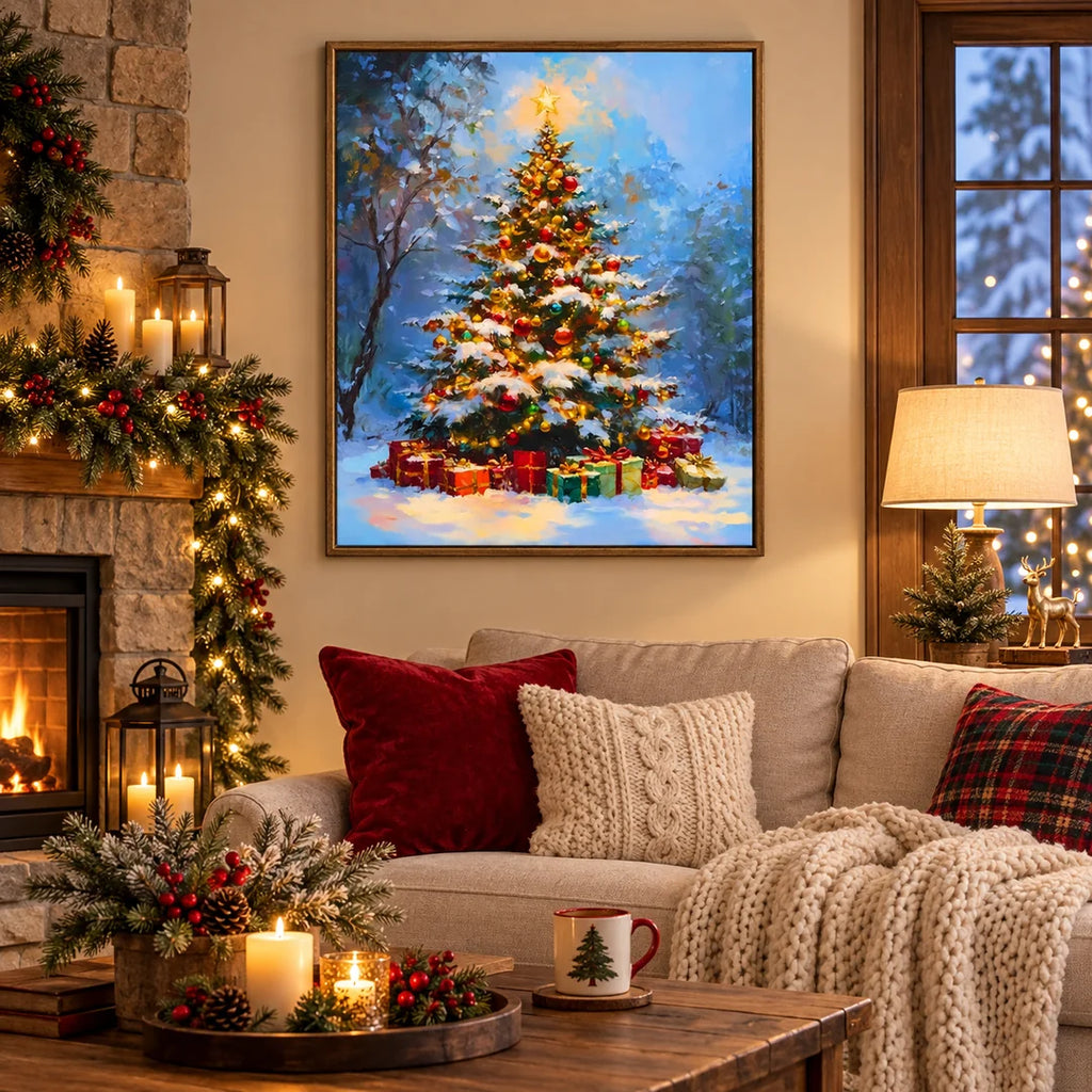 Christmas tree with presents diamond painting home scene