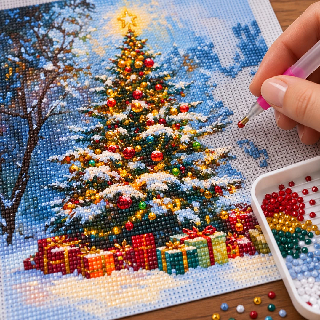 Christmas tree with presents diamond painting process