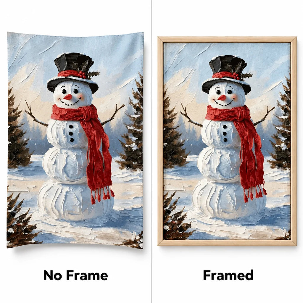 snowman in a winter scene diamond painting No Frame and Framed comparison