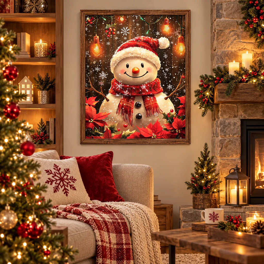 festive snowman with ornaments diamond painting home scene