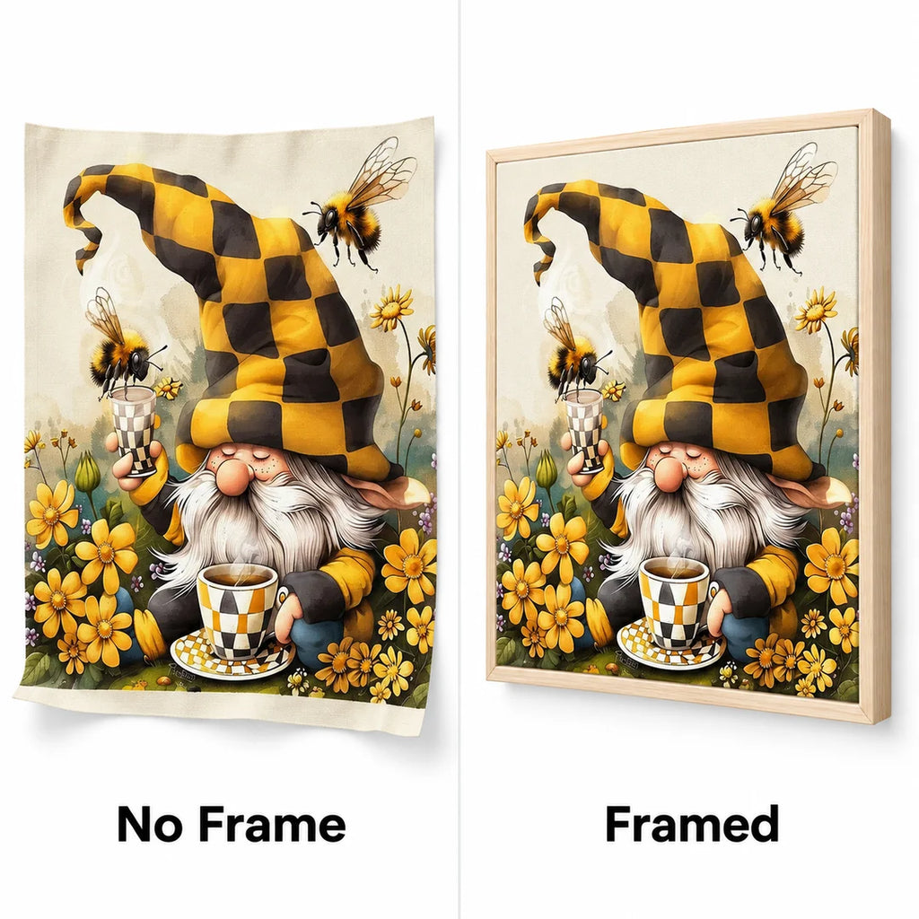 Christmas gnome with bees and flowers diamond painting No Frame and Framed comparison