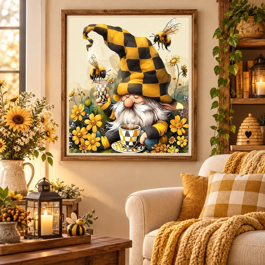 Christmas gnome with bees and flowers diamond painting home scene