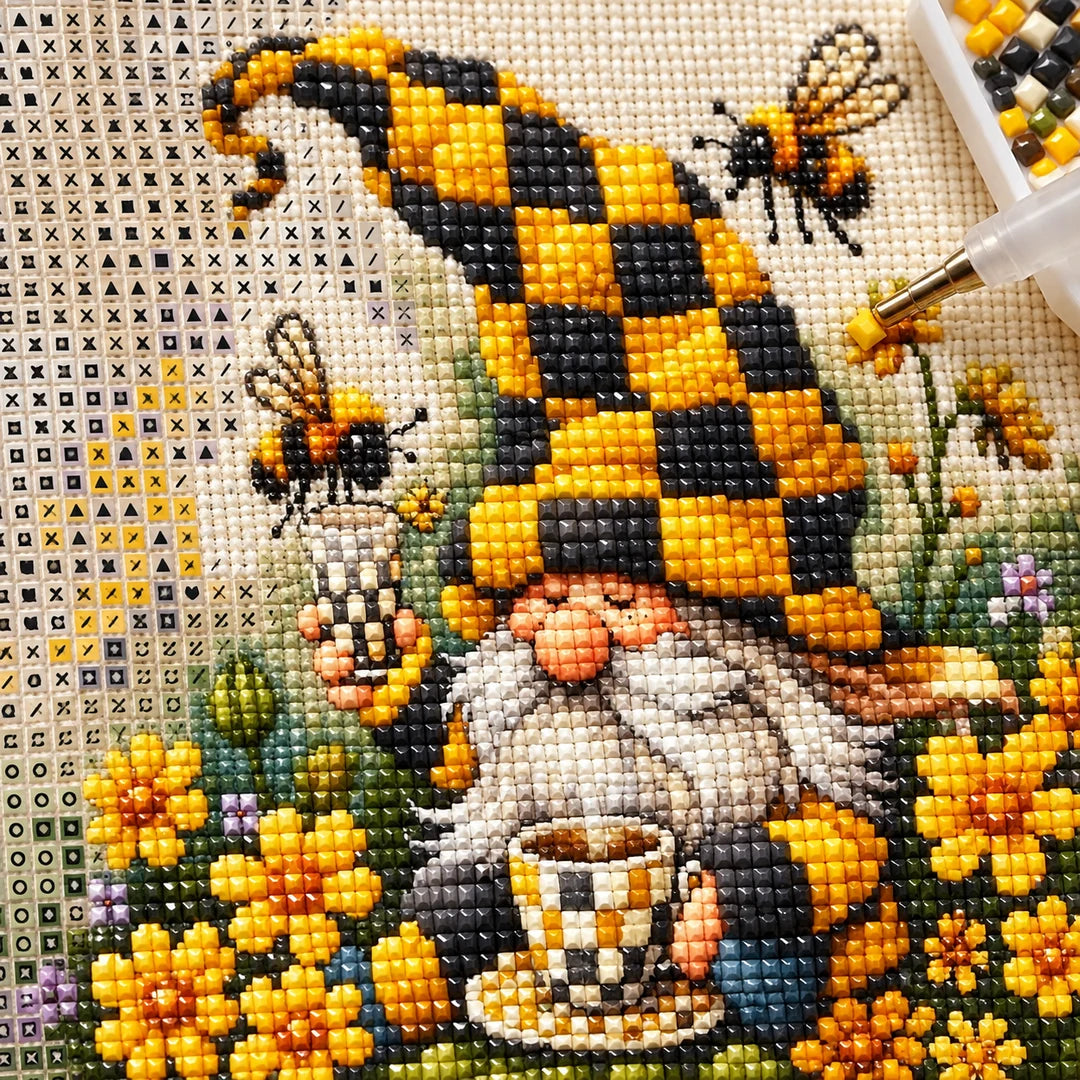 Christmas gnome with bees and flowers diamond painting process