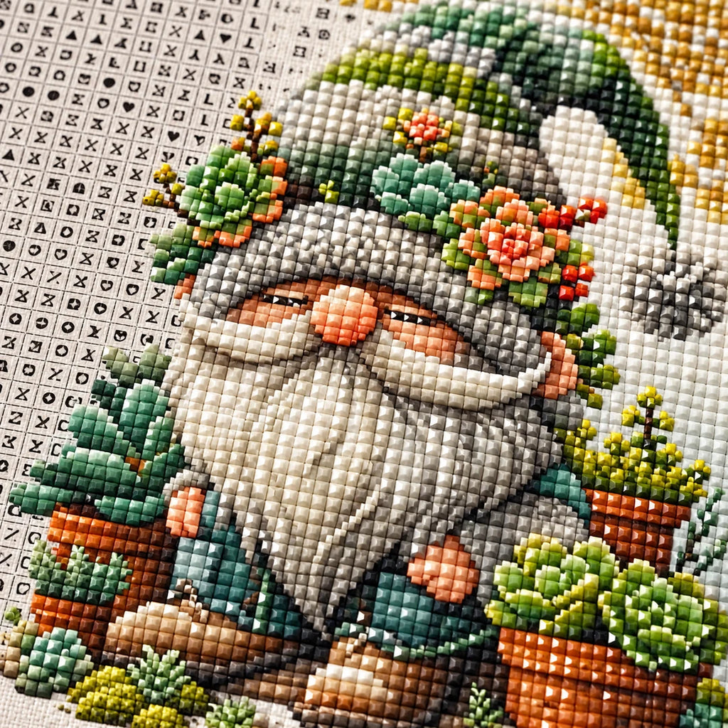Christmas gnome with succulents diamond painting drill and canvas detail
