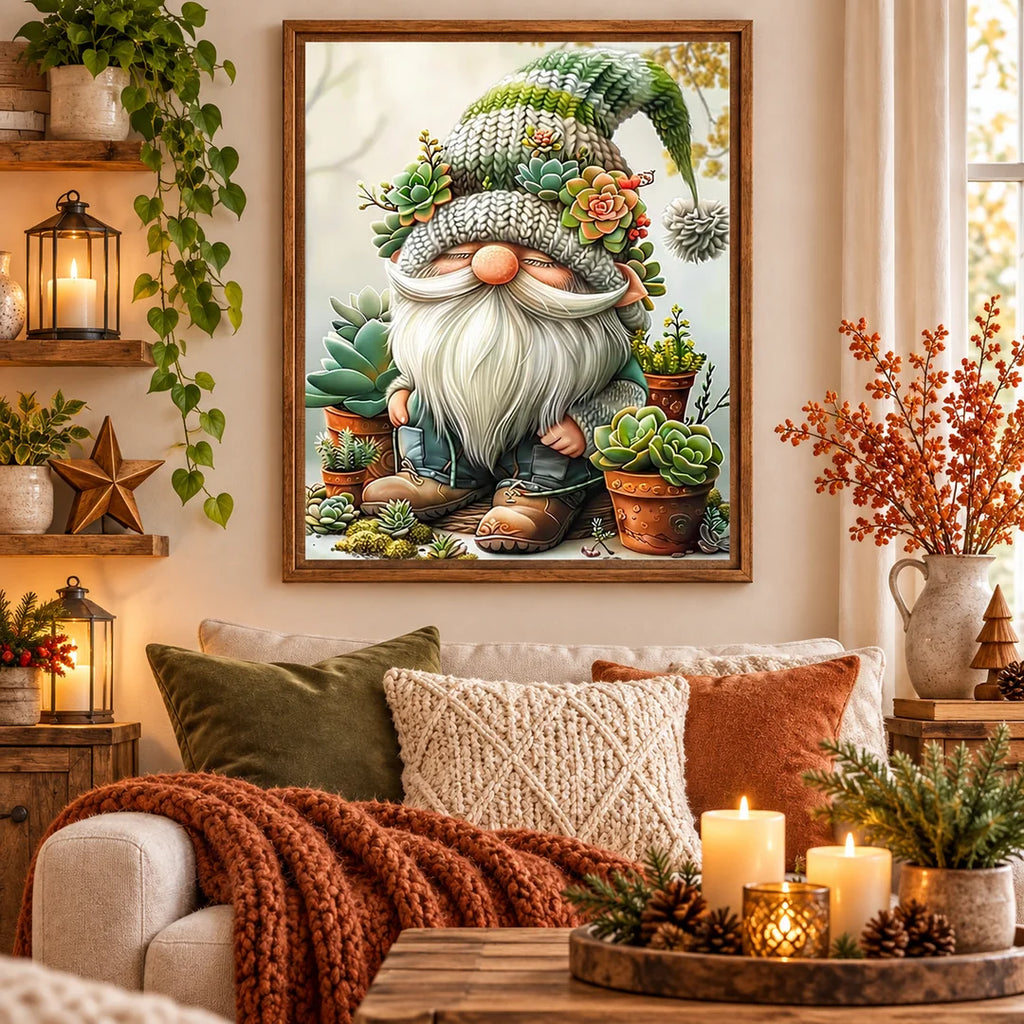 Christmas gnome with succulents diamond painting home scene