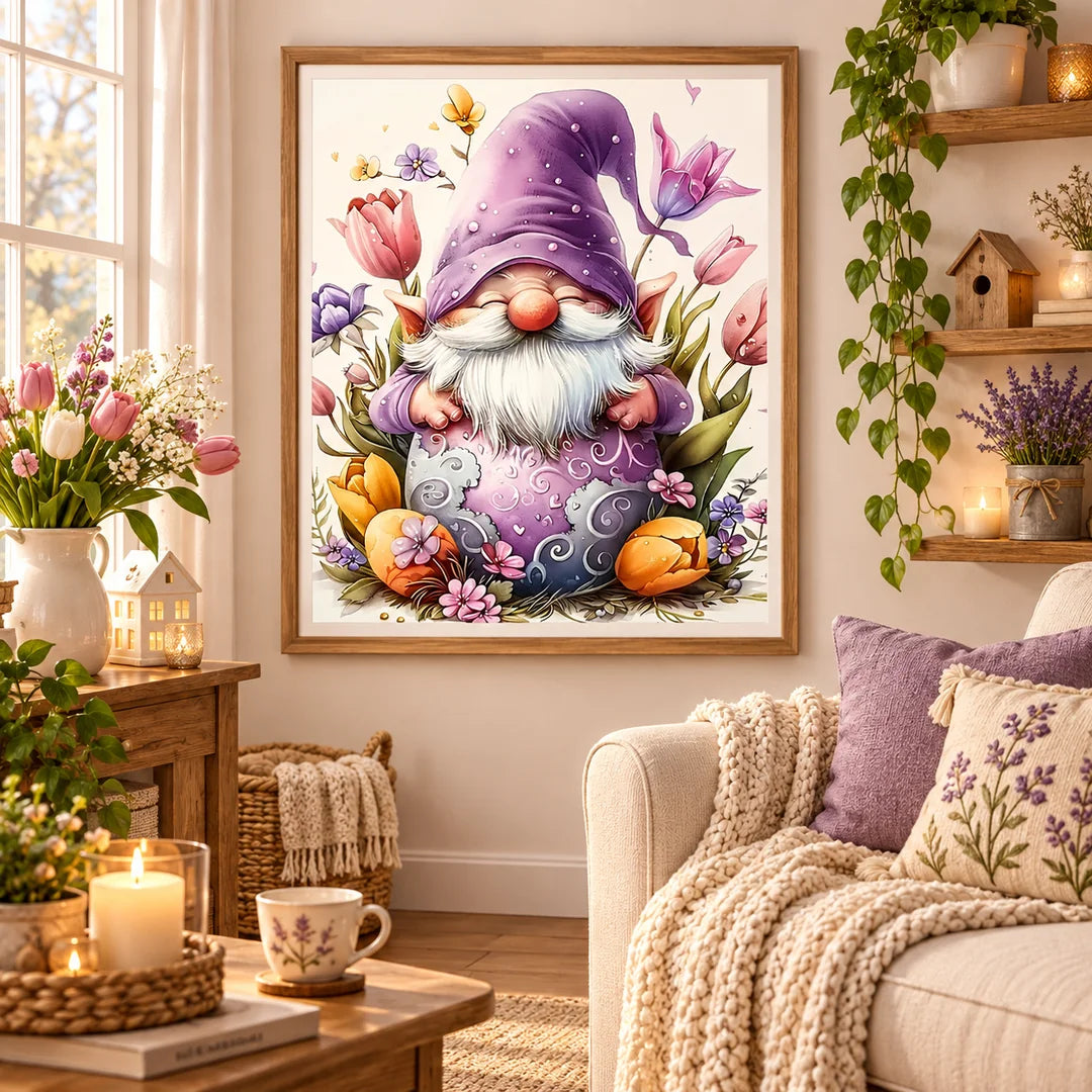 purple floral Christmas gnome diamond painting home scene