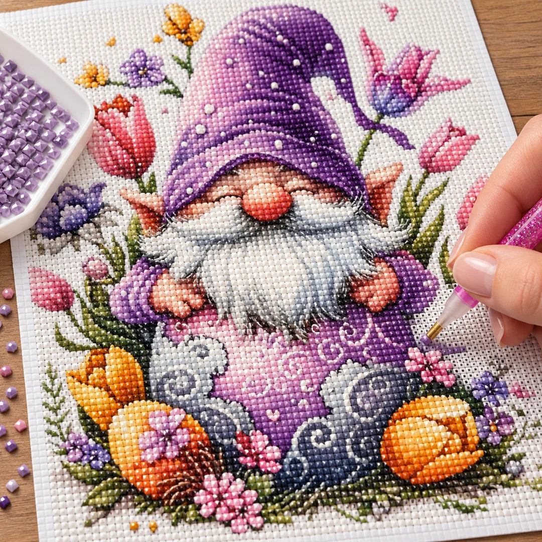 purple floral Christmas gnome diamond painting process