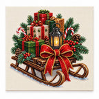 Christmas Sleigh with Gifts pearl painting kit, white-background complete design
