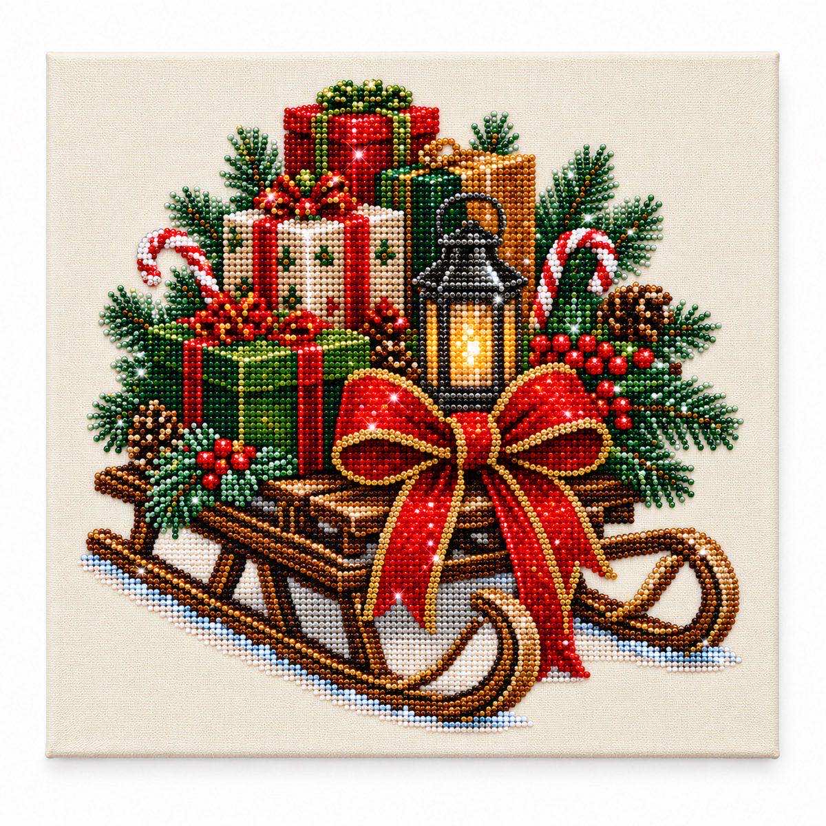 Christmas Sleigh with Gifts pearl painting kit, white-background complete design