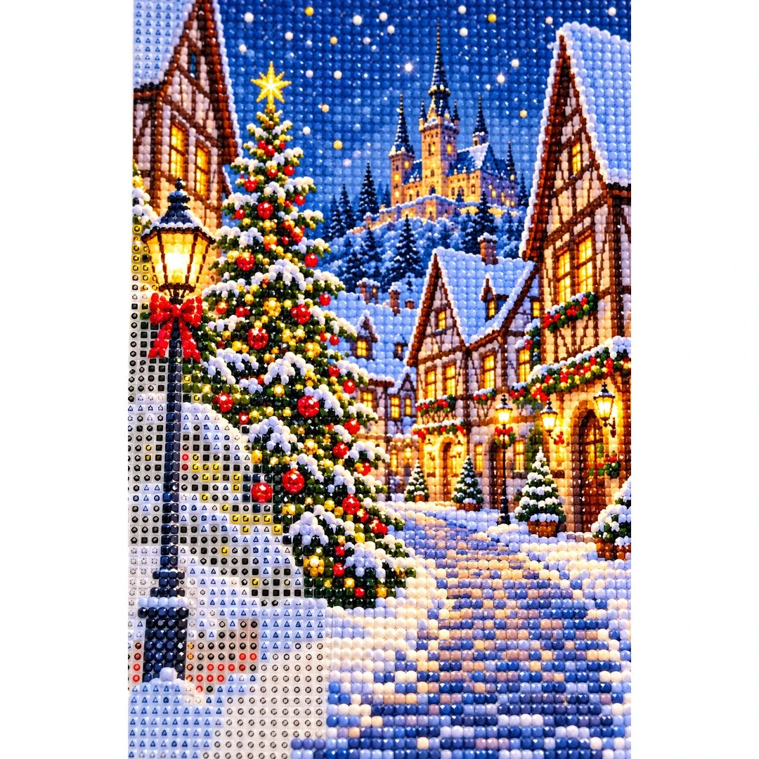 Christmas Snowy Village Tree diamond and canvas detail