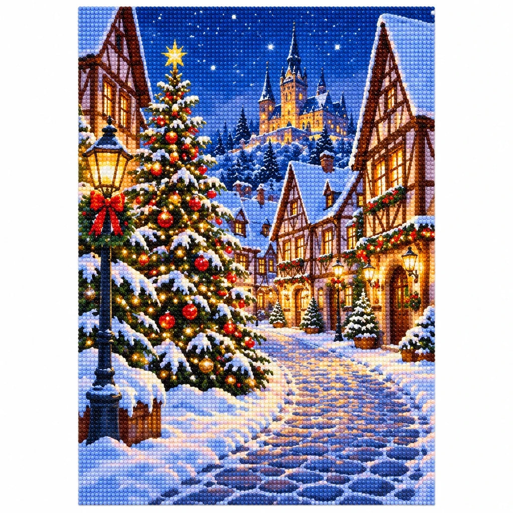 Christmas Snowy Village Tree finished diamond artwork on white background
