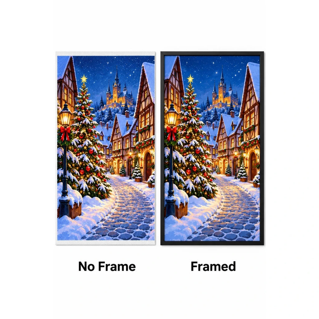 Christmas Snowy Village Tree No Frame and Framed comparison