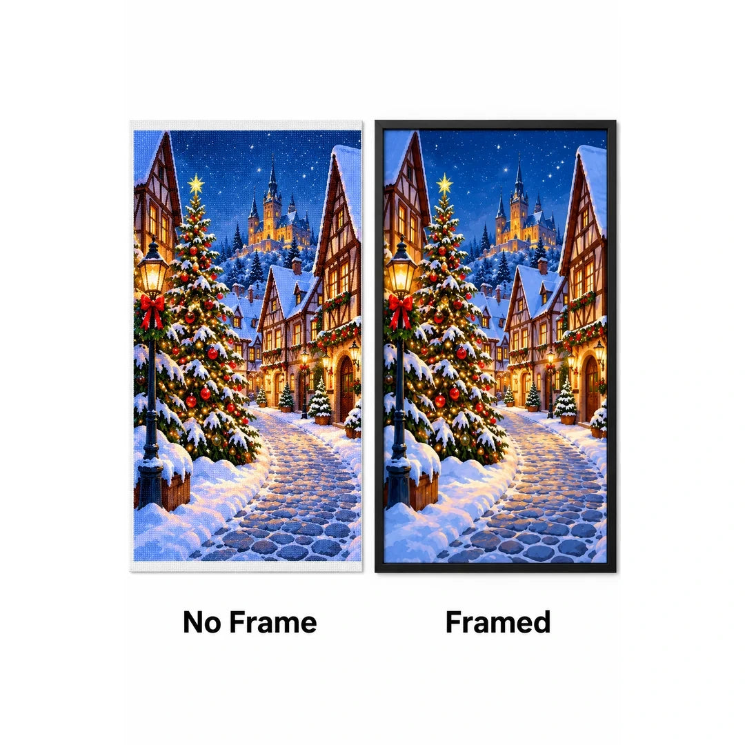Christmas Snowy Village Tree No Frame and Framed comparison