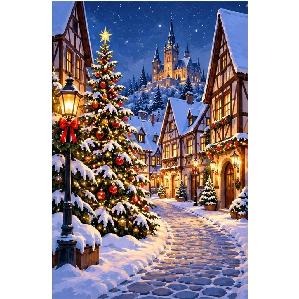 Christmas Snowy Village Tree original artwork on white background