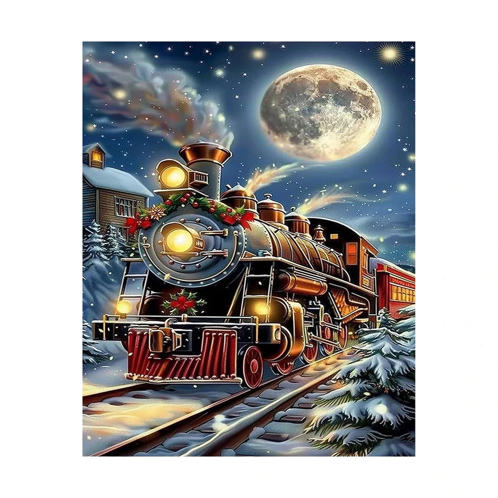 Christmas Steam Train Diamond Painting Kit original artwork on white background