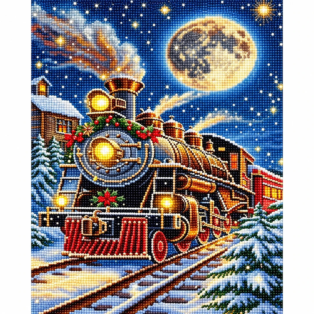 Christmas Steam Train Diamond Painting Kit finished diamond artwork on white background