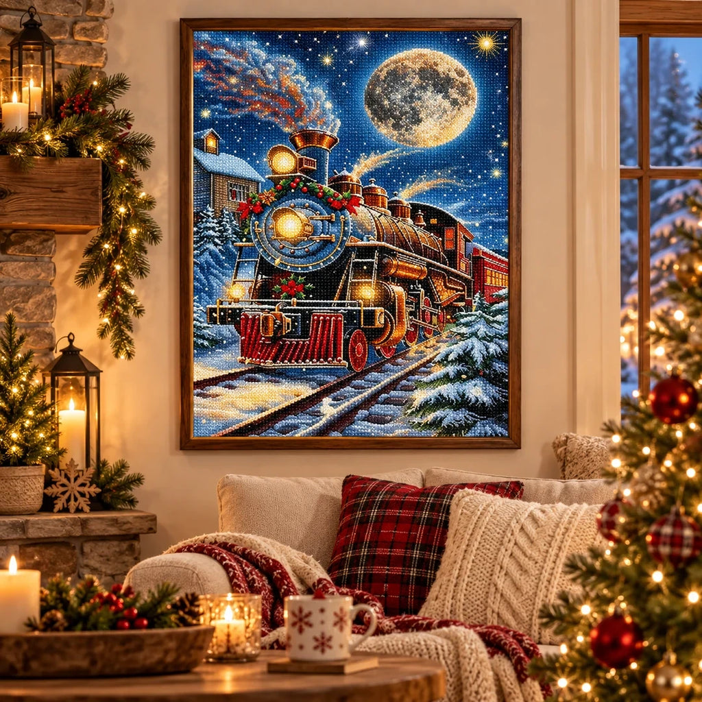 Christmas Steam Train Diamond Painting Kit scene