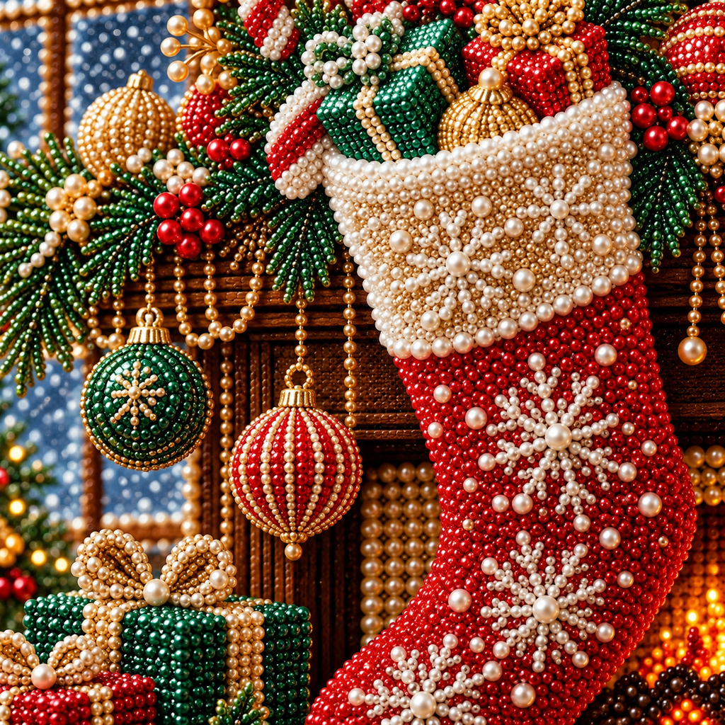 Christmas Stocking Fireplace Pearl Diamond Painting Kit detail image