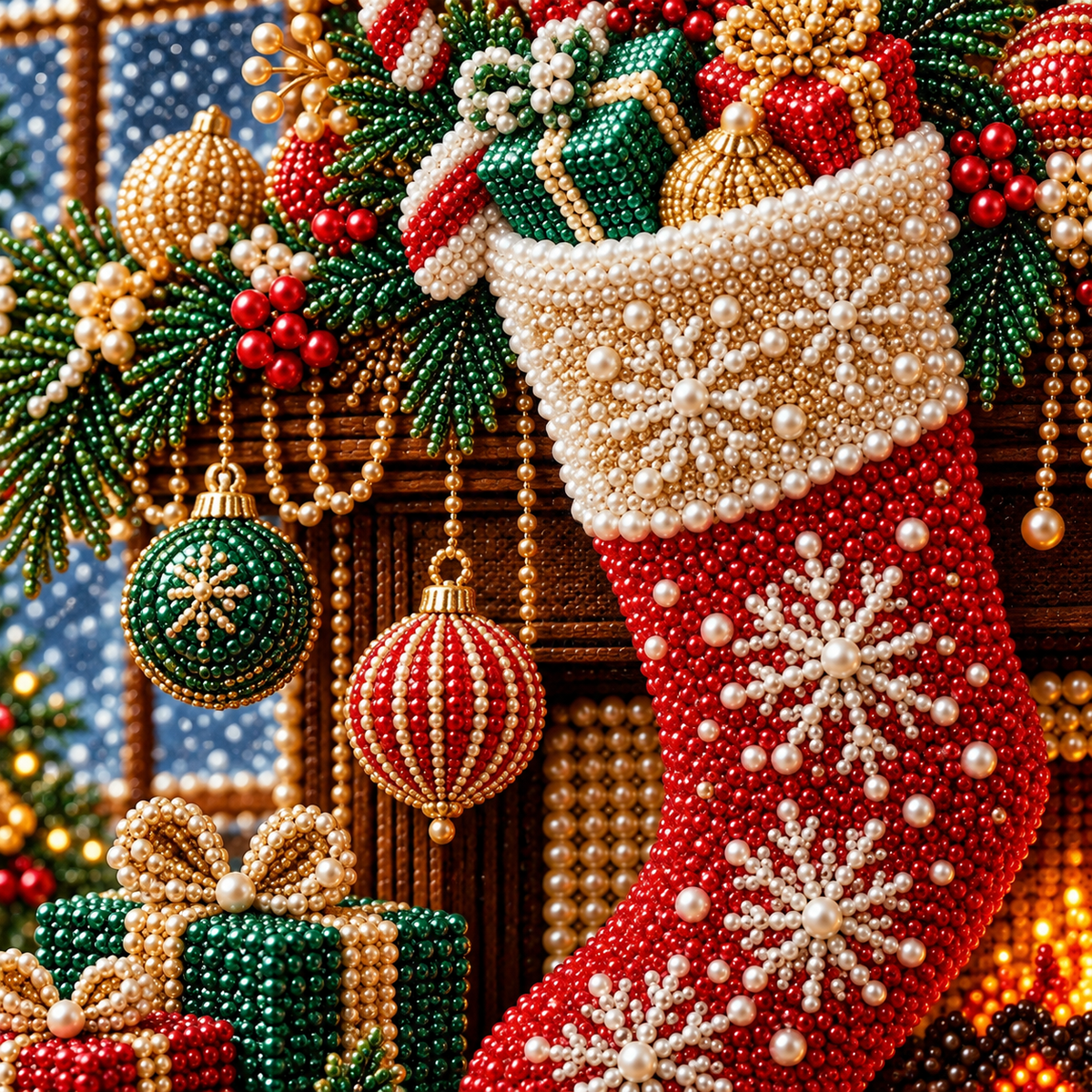 Christmas Stocking Fireplace Pearl Diamond Painting Kit detail image