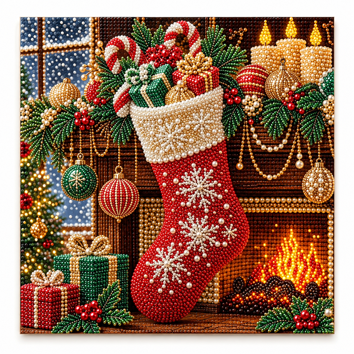Christmas Stocking Fireplace Pearl Diamond Painting Kit hero image