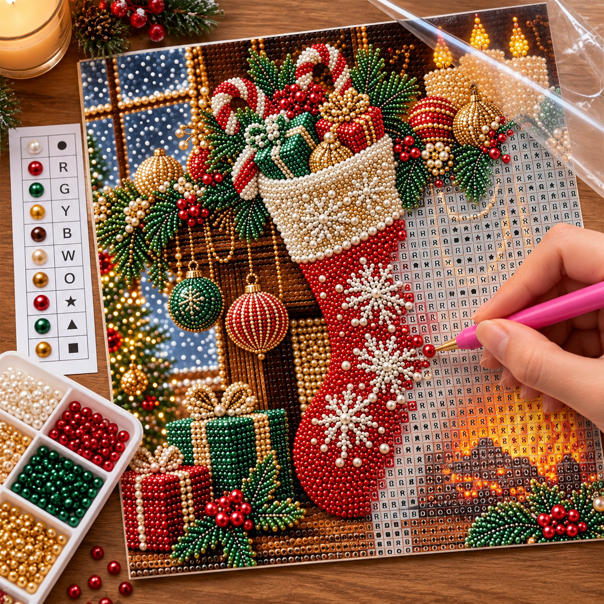 Christmas Stocking Fireplace Pearl Diamond Painting Kit process image