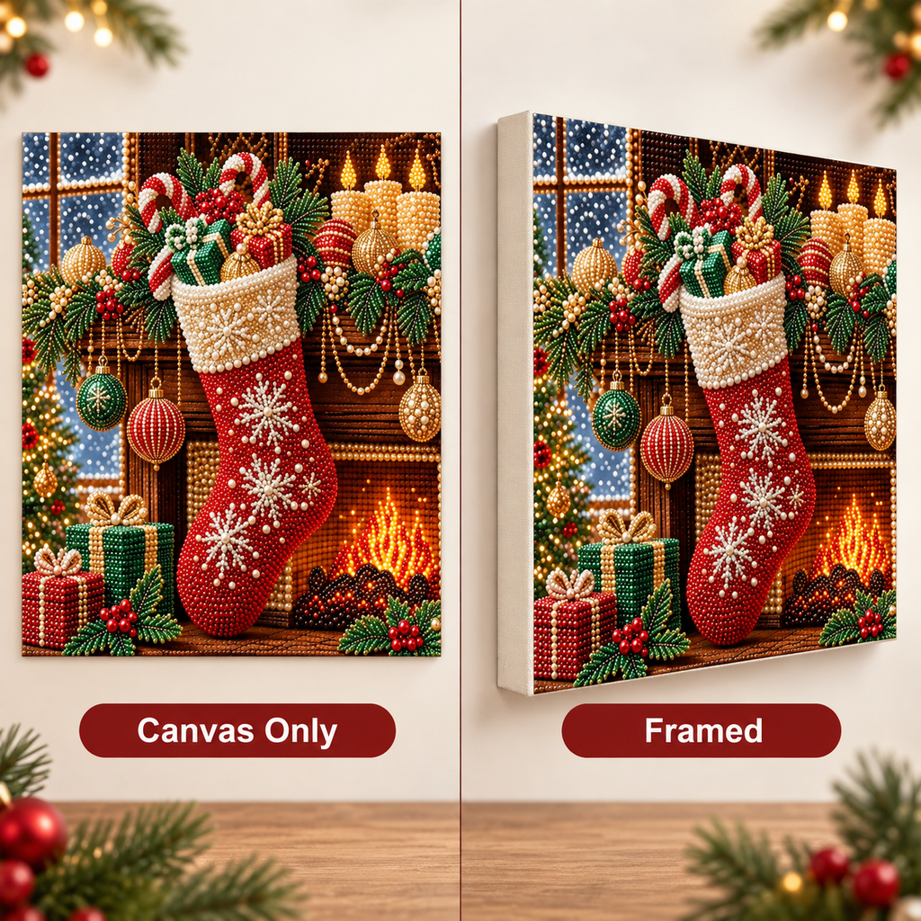Christmas Stocking Fireplace Pearl Diamond Painting Kit style image