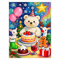 Original artwork for Christmas Teddy Berry Cake Diamond Painting Kit, showing a cheerful white teddy bear beside a berry-topped cake and holiday treats.