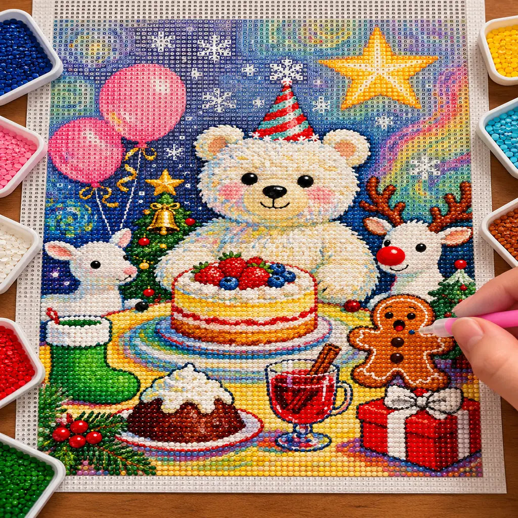 Diamond painting process for Christmas Teddy Berry Cake Diamond Painting Kit, with drills being placed over a cheerful white teddy bear beside a berry-topped cake and holiday treats.