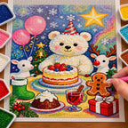 Diamond painting process for Christmas Teddy Berry Cake Diamond Painting Kit, with drills being placed over a cheerful white teddy bear beside a berry-topped cake and holiday treats.