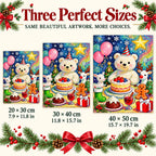 Size guide for Christmas Teddy Berry Cake Diamond Painting Kit: 20 × 30 cm, 30 × 40 cm, and 40 × 50 cm.