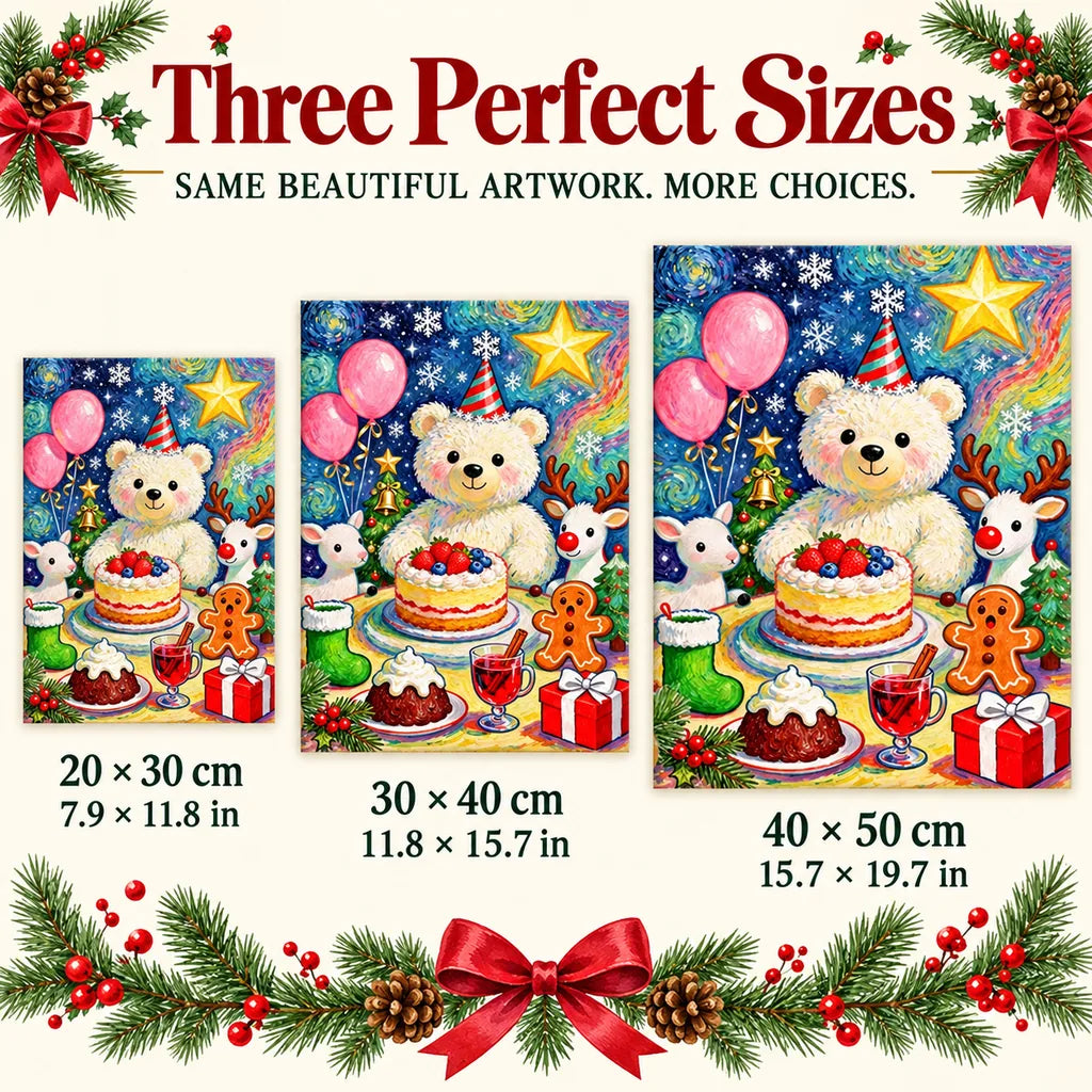 Size guide for Christmas Teddy Berry Cake Diamond Painting Kit: 20 × 30 cm, 30 × 40 cm, and 40 × 50 cm.