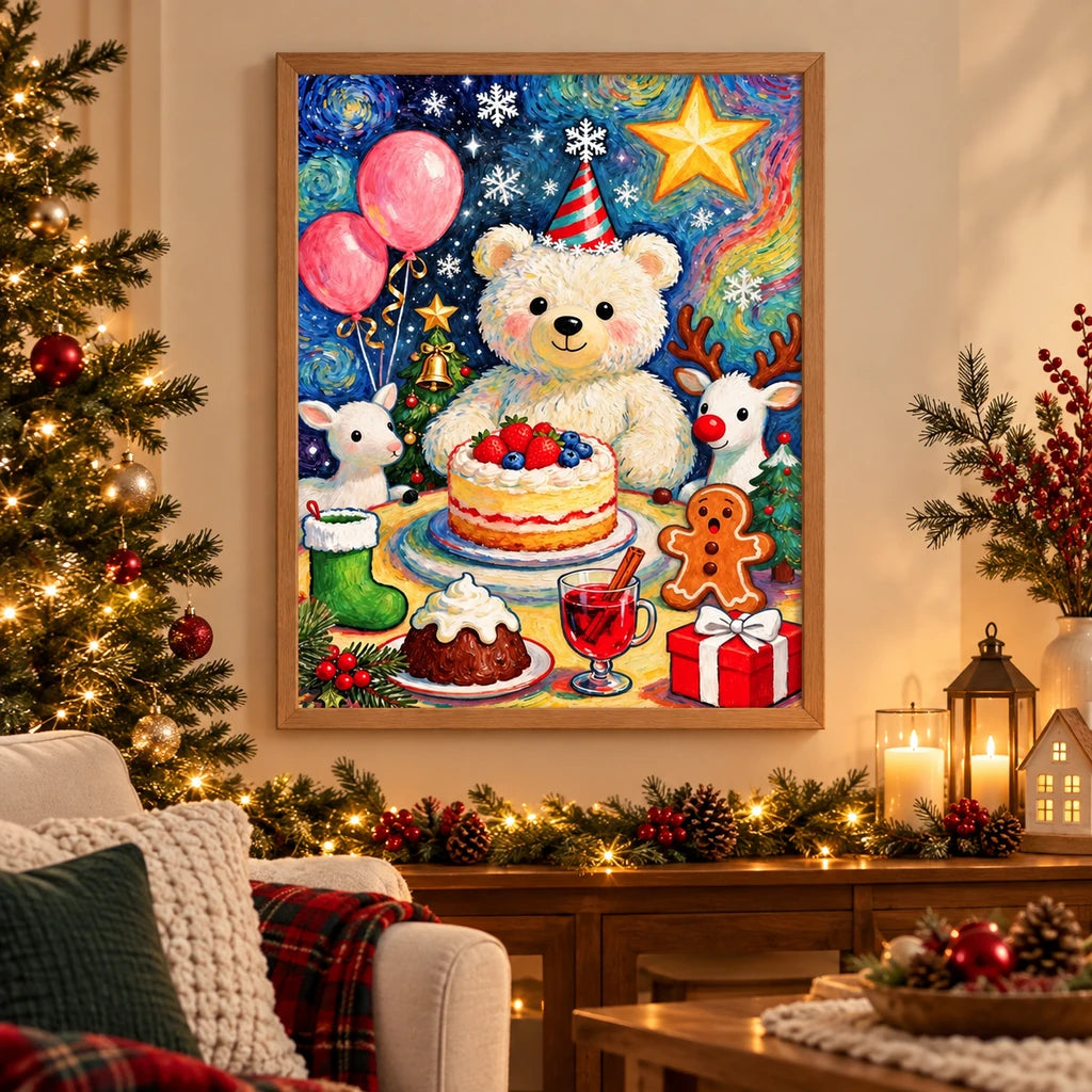 Home decor scene showing Christmas Teddy Berry Cake Diamond Painting Kit artwork displayed on a wall.