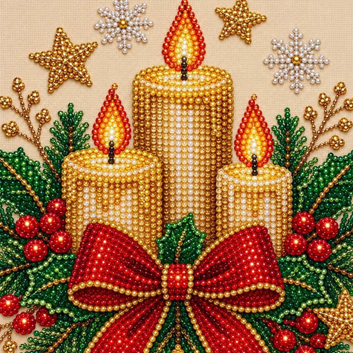 Close-up of pearls and candle wreath detail