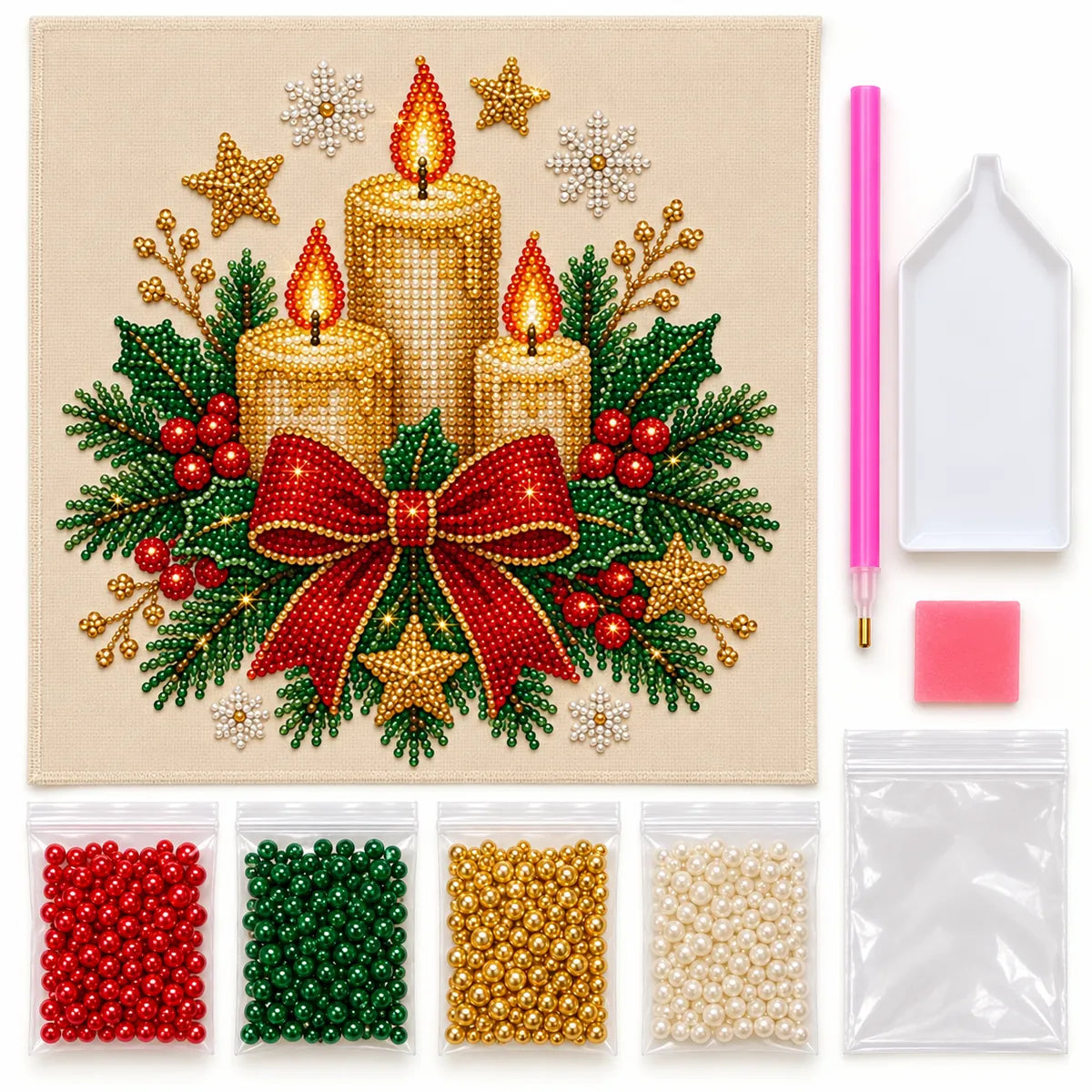 Christmas Three Candle Wreath pearl painting kit contents