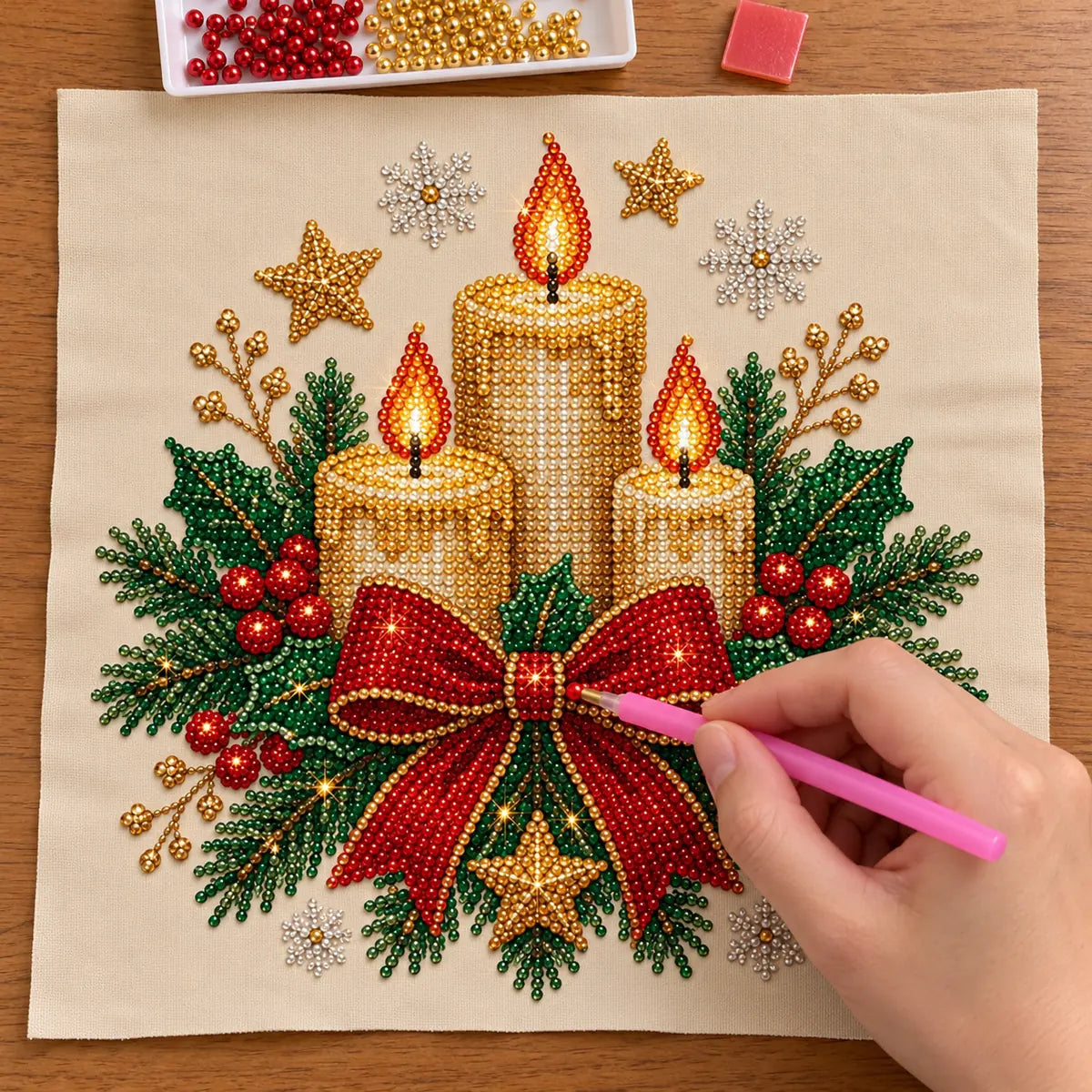 Pearl painting process for the three candle wreath