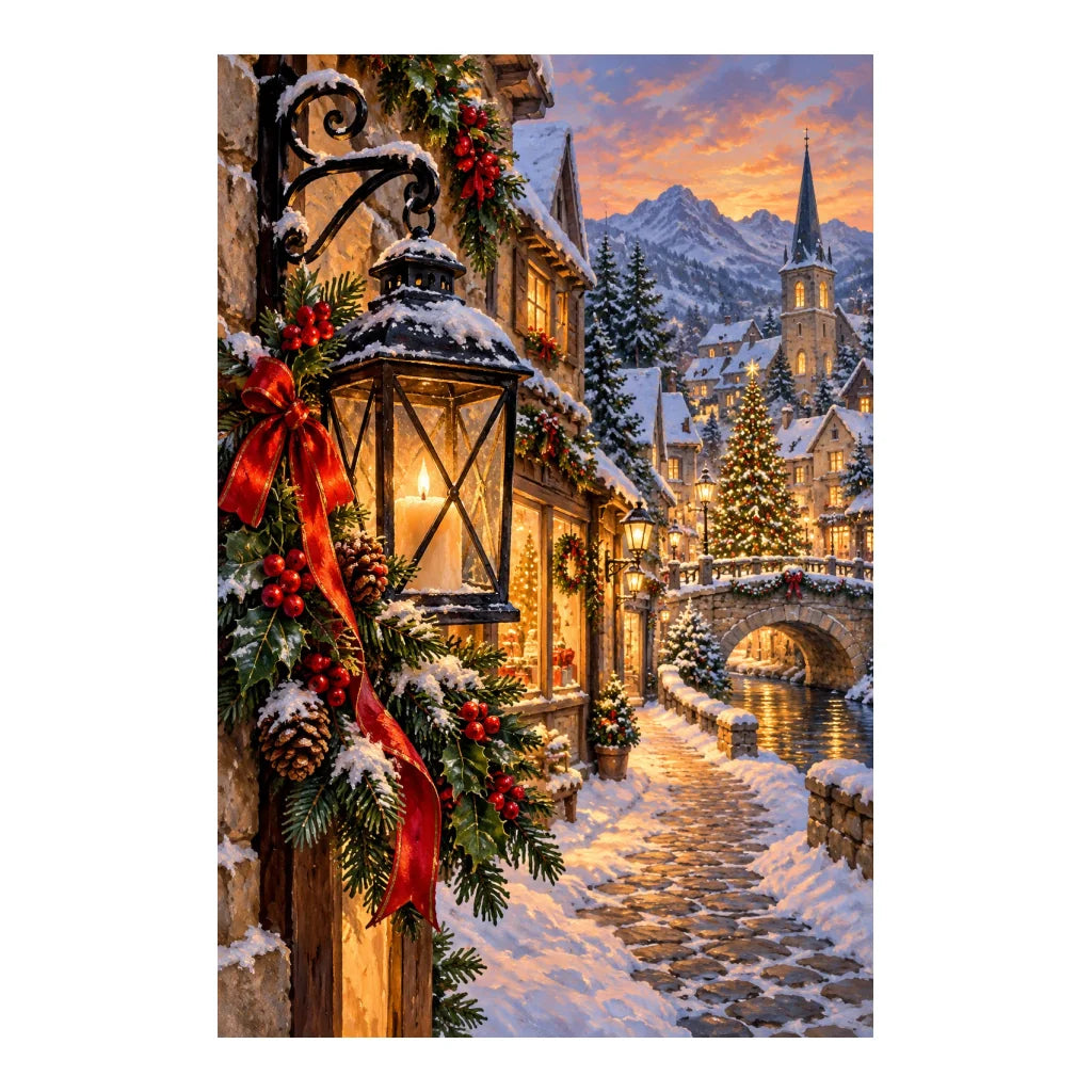 A glowing lantern in front of a snow-covered Christmas village with decorated cottages
