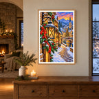 Framed Christmas town lantern diamond painting displayed in a festive home