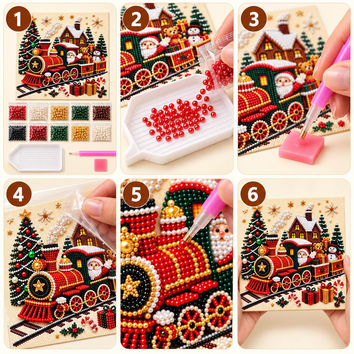 Six-step pearl painting tutorial for the Christmas Train design.
