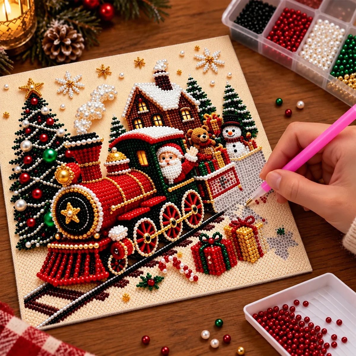 Creating the Christmas Train pearl painting on an unframed canvas